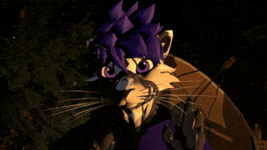 a cartoon drawing of a cat with purple hair and a shield