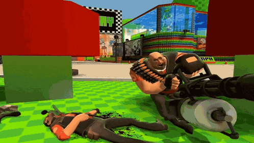 a video game scene with a man laying on the ground with a gun and a sign that says mph