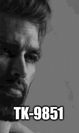 a black and white photo of a man with a beard and the words `` tk-9851 '' on his face .