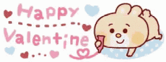 a happy valentine 's day greeting card with a cartoon rabbit holding a heart and hearts .
