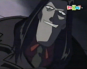 a cartoon of a man with long black hair and a pinkos logo on the bottom