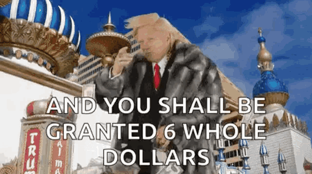 a man in a fur coat is standing in front of a building that says trump