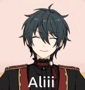 a boy with blue hair is smiling and wearing a black jacket and red vest .