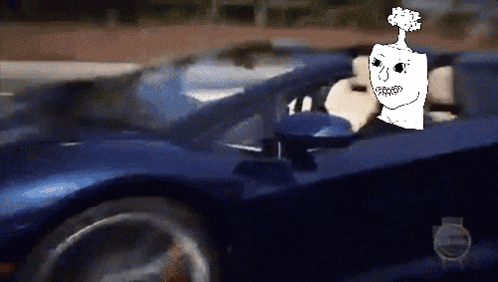 a cartoon of a man driving a blue car with a nuclear bomb on his head