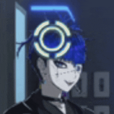 a cartoon character with blue hair and a circle on her head .