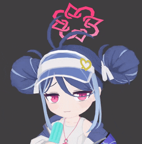 a girl with a heart on her hat is holding a blue popsicle