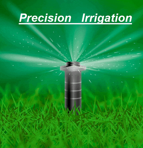 a picture of a sprinkler spraying water with the words precision irrigation below it
