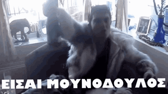 a man in a fur coat is sitting in front of a window with the words eisai moynoaoyloe written on it