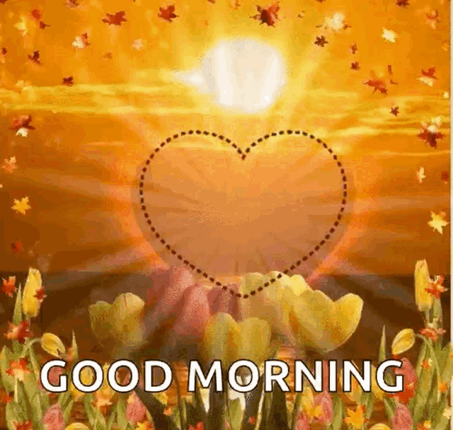 a good morning greeting card with a heart in the middle of a field of flowers