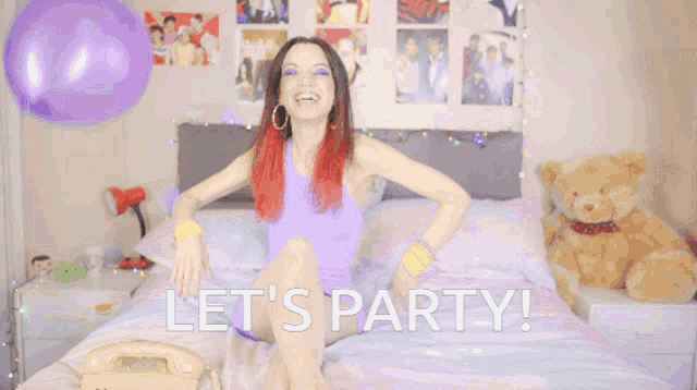a woman sitting on a bed with the words let 's party written below her