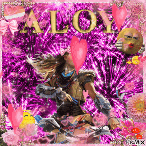 a girl with a bow and arrow is surrounded by hearts and fireworks with the name aloy