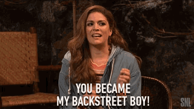 a woman says you became my backstreet boy while sitting in a chair