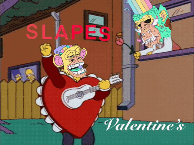 a cartoon of a man in a heart playing a guitar with the words slapes valentine 's on it
