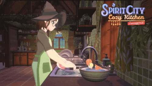 a witch is washing dishes in a kitchen in a spirit city cozy kitchen expansion pack