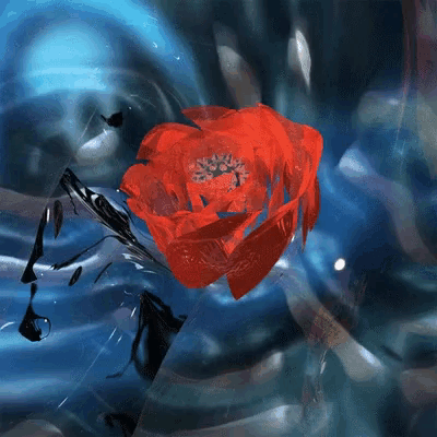 a painting of a red flower in the middle of a blue background