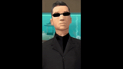 a man in a suit and sunglasses is standing in front of a blue wall .