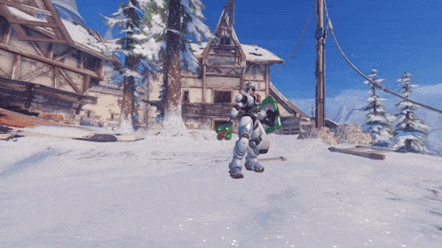a video game character is standing in the snow holding a green item