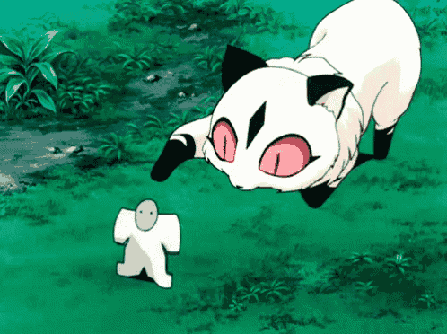 a white cat with red eyes is standing next to a white figure