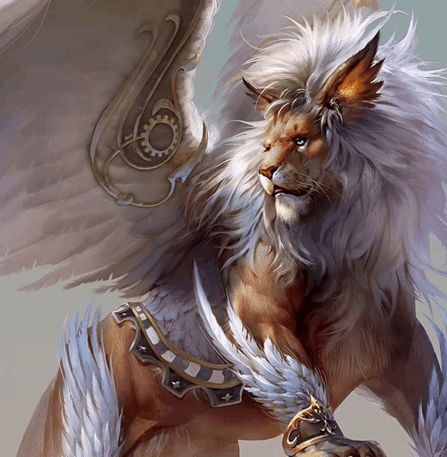 a painting of a lion with wings and a crown around its neck