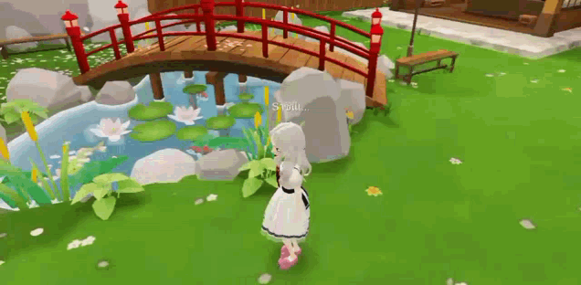 a girl in a white dress is standing in front of a bridge over a pond .