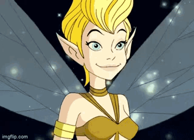 a cartoon fairy with yellow hair and blue eyes is smiling and wearing a gold top .