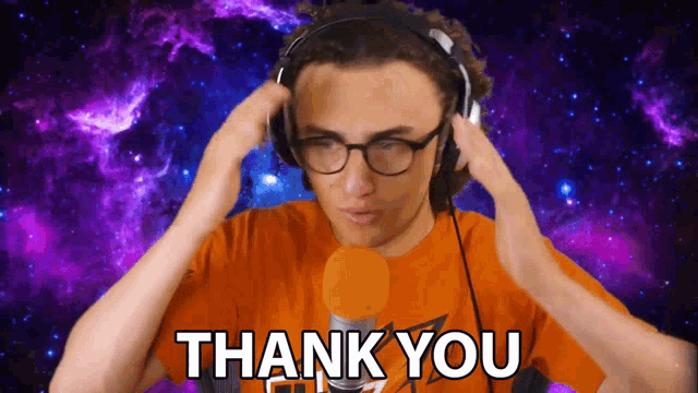 a man wearing headphones says thank you in front of a galaxy background