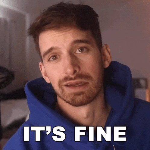 a man with a beard wearing a blue hoodie says " it 's fine "