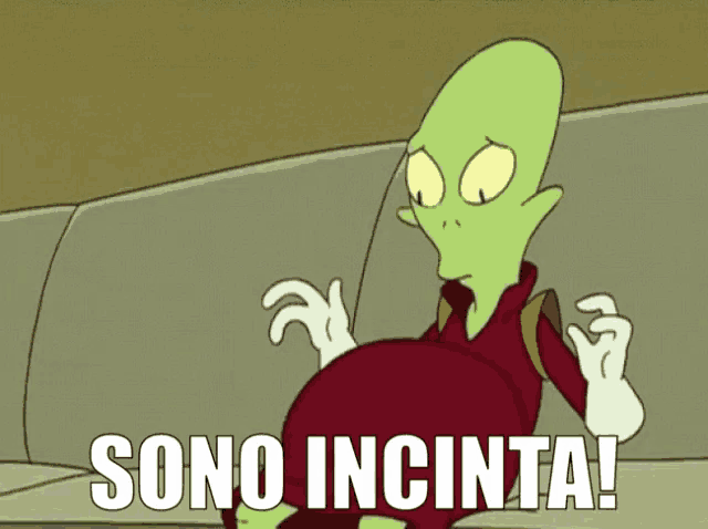 a cartoon character sitting on a couch with sono incinta written on the bottom