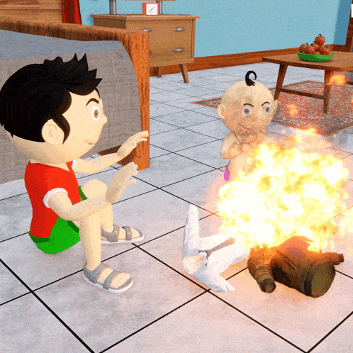 a cartoon of a boy sitting next to a baby on a fire