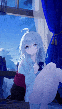 a girl with white hair and blue eyes sits in front of a window