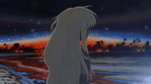 a girl with long white hair is standing on a beach