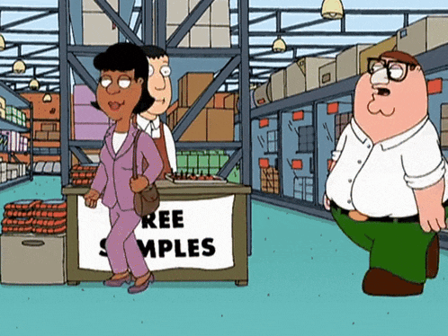 peter griffin stands in front of a table that says " ree samples "
