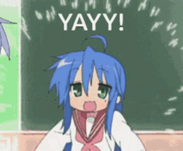 a girl with blue hair is standing in front of a blackboard with the words yayy on it
