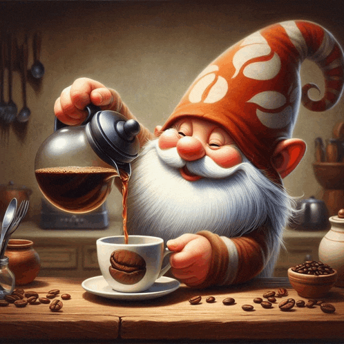 a gnome is pouring coffee into a cup with a coffee bean on it