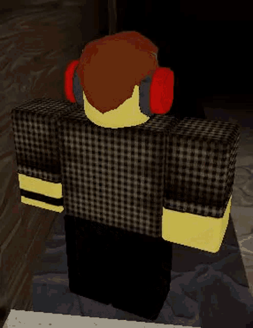 a roblox character wearing headphones and a plaid shirt is smiling .