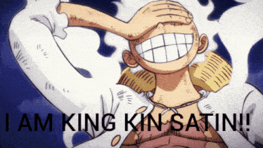 a cartoon character covering his eyes with his hand and the words " i am king kin satin "