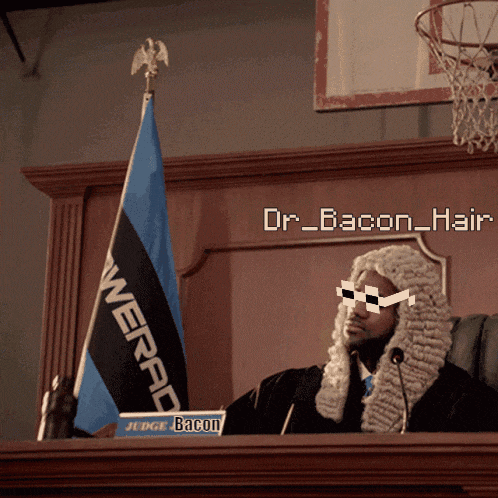 a man in a wig is sitting at a podium with a sign that says " judge bacon "