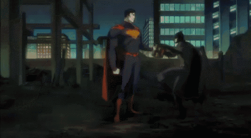 a cartoon drawing of superman and batman fighting