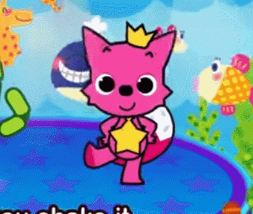 a pink fox wearing a crown and holding a star is standing on a blue surface .