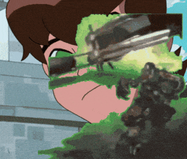 a close up of a cartoon character 's face with a green object coming out of it