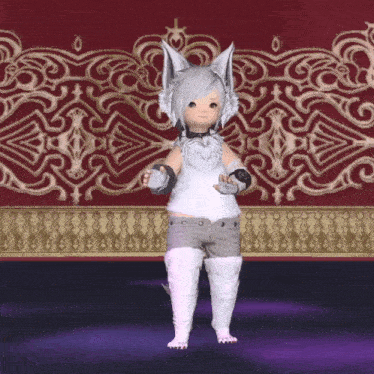 a little girl with white hair and white ears is standing in front of a purple wall