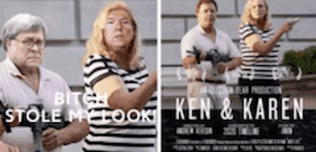a woman is holding a gun in front of a sign that says `` ken & karen '' .