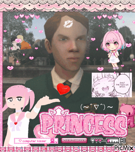 a man with a heart on his forehead is surrounded by pink hearts and the words " princess "