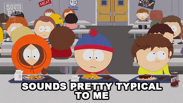 a group of south park characters are sitting at a table eating