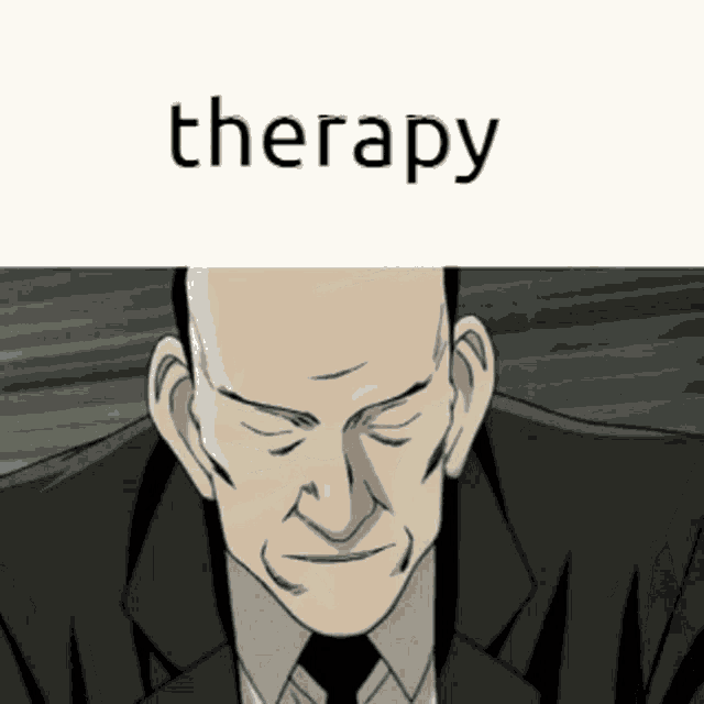 a cartoon of a man in a suit and tie with the word therapy below him