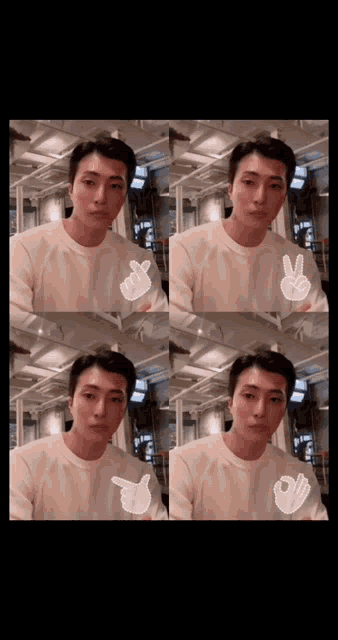 a collage of four pictures of a man with a peace sign on his chest