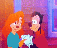 goofy and ginger are holding hands in a pixelated cartoon