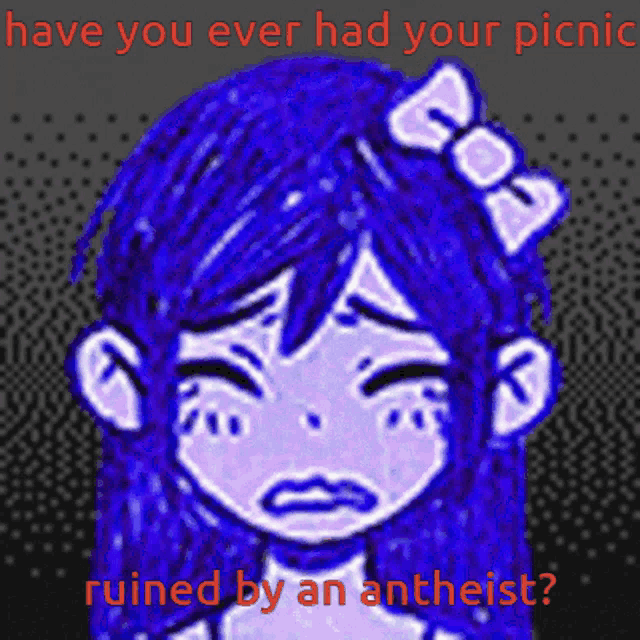 a girl with blue hair and a bow on her head is crying with the words have you ever had your picnic ruined by an anthest