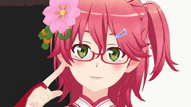 a girl with pink hair and green eyes is wearing glasses