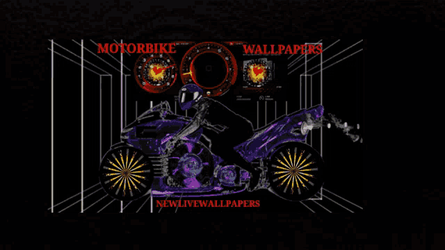a purple motorcycle is displayed on a black background with the words motorbike wallpapers below it